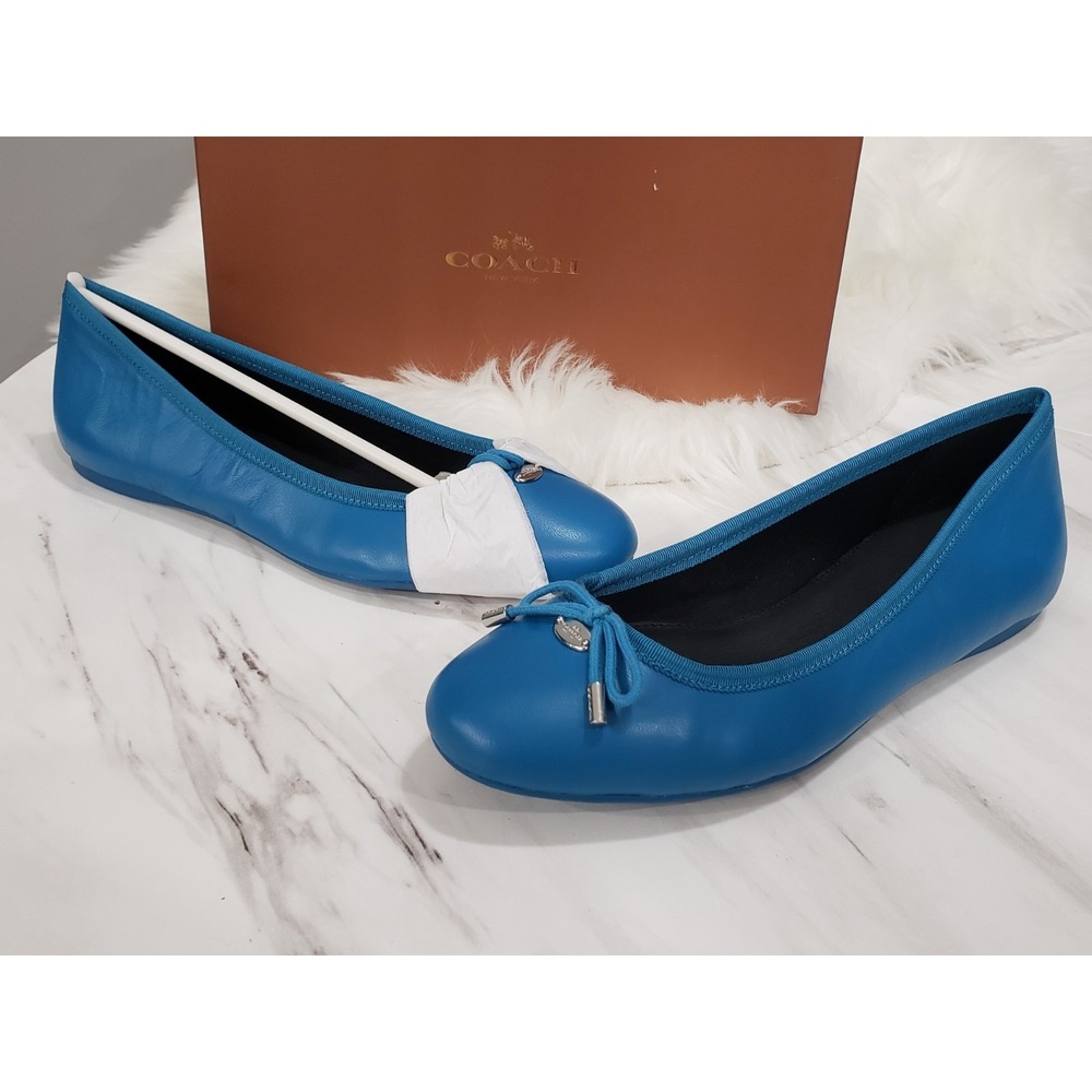 COACH Lara Silk Nappa Ballet Flats Peacock Blue Leather Bow Logo Womens Size 8.5